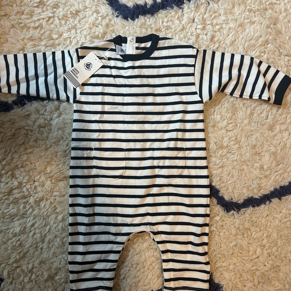 Petit Bateau Black and White Striped One piece 18 month with Tags